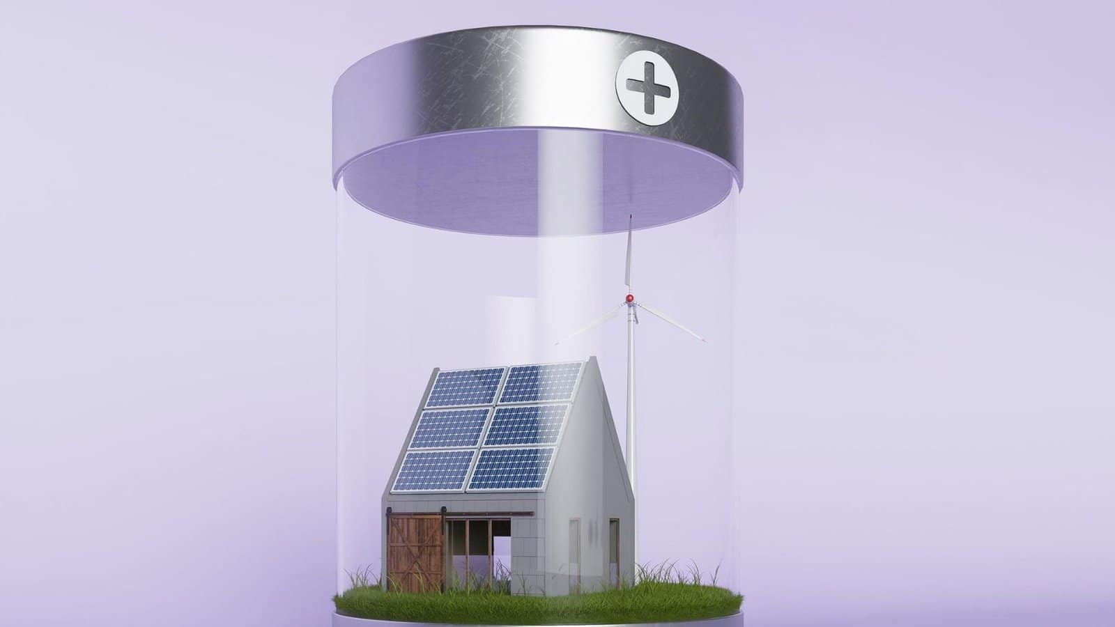 Una casa con pannelli solari e una pala eolica racchiuse dentro una batteria trasparente