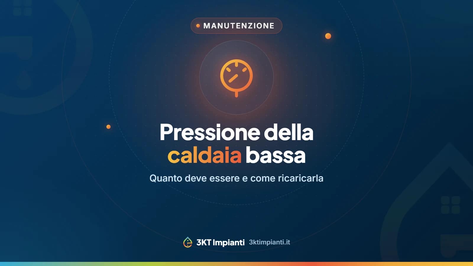 Copertina con il titolo «Pressione della caldaia bassa: quanto deve essere e come ricaricarla» e il marchio 3KT Impianti