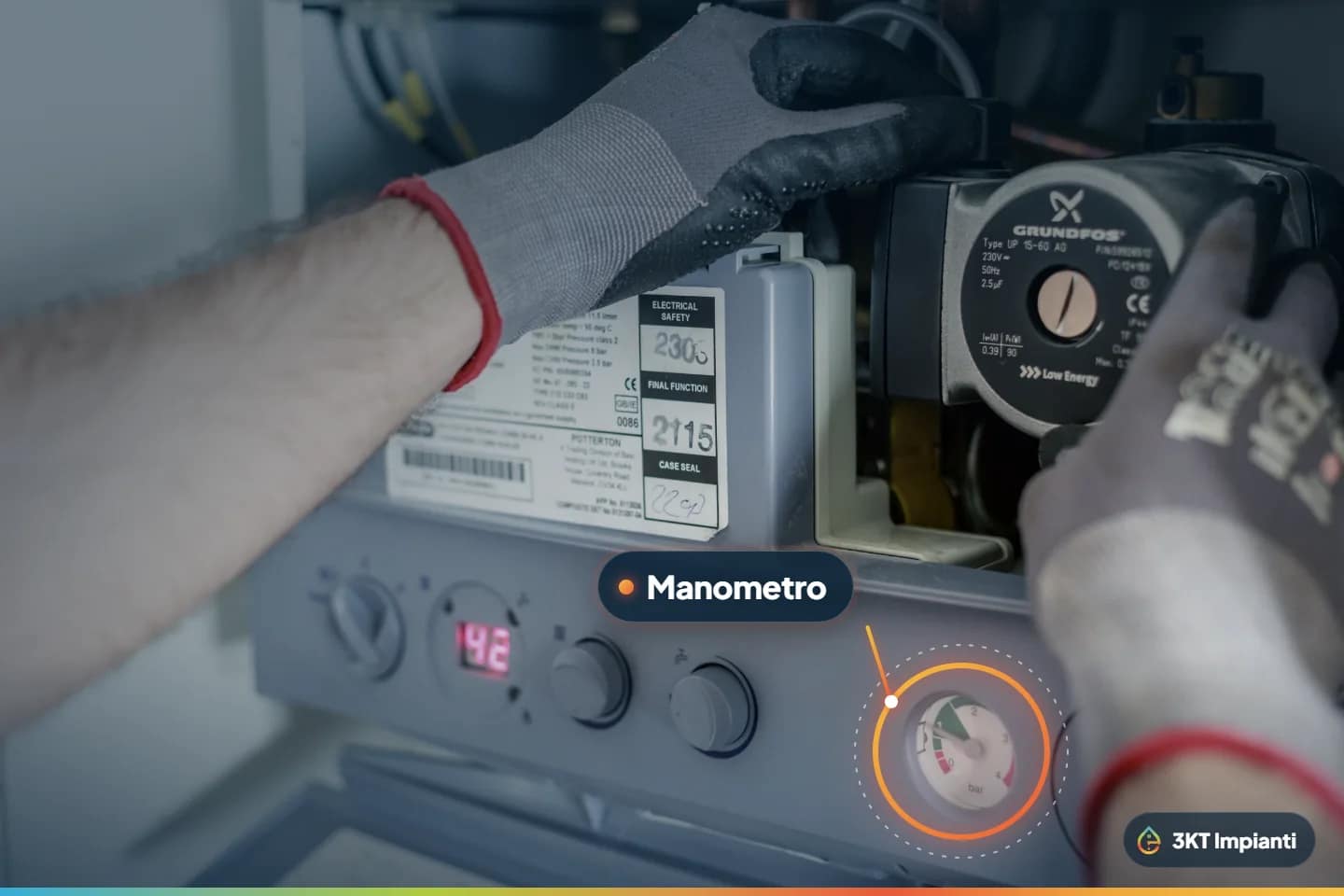 Tecnico con i guanti al lavoro dentro una caldaia murale aperta, con il circolatore e il manometro in vista
