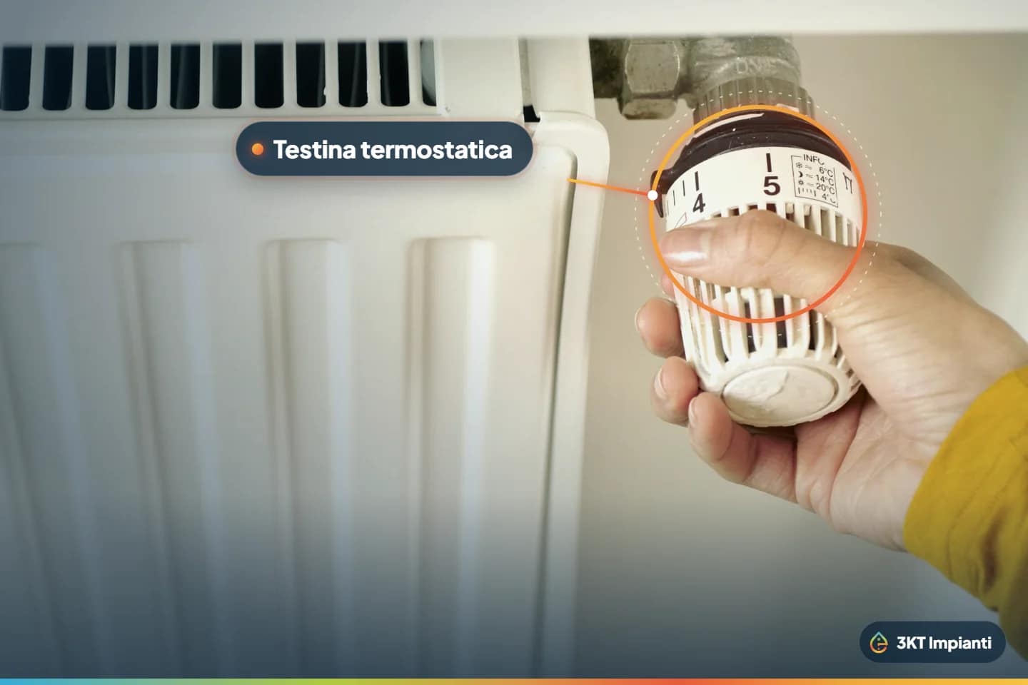 Mano che regola la testina termostatica sulla valvola di un termosifone bianco