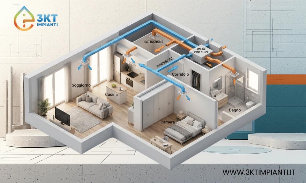 Schema VMC a doppio flusso in appartamento: mandata e ripresa aria