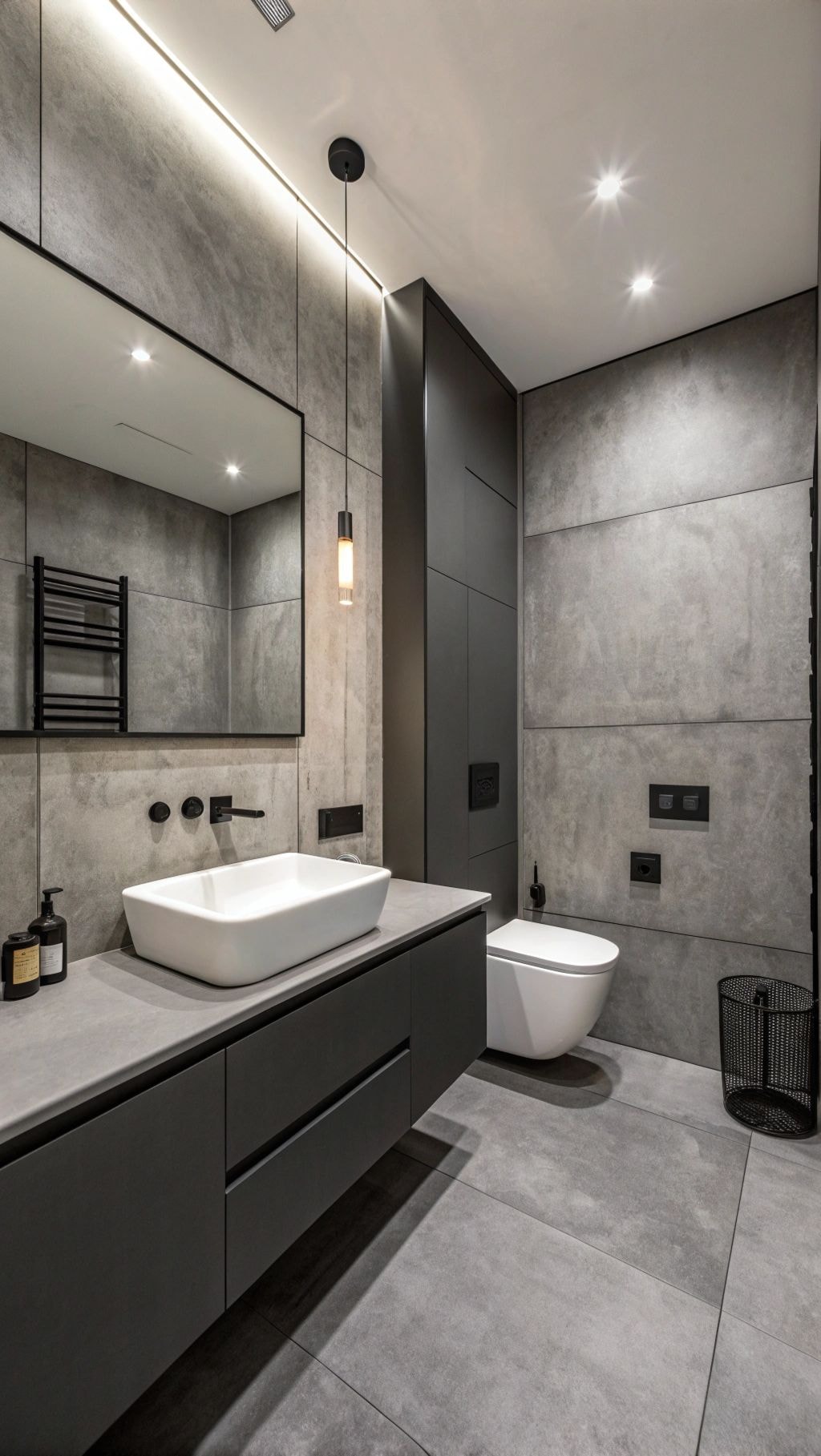 Bagno grigio con lavabo d’appoggio, mobile sospeso e sanitari a parete