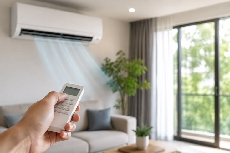 Climatizzatore split acceso con il telecomando in primo piano