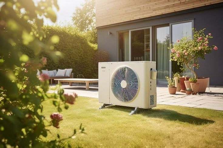 Pompa di calore installata sul prato accanto a un’abitazione