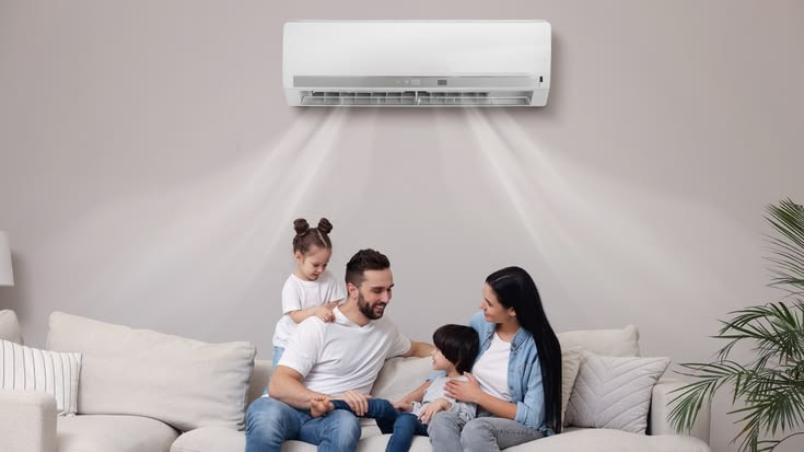 Climatizzatore split a parete in funzione in un soggiorno