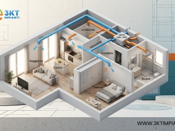 Schema VMC a doppio flusso in appartamento: mandata e ripresa aria